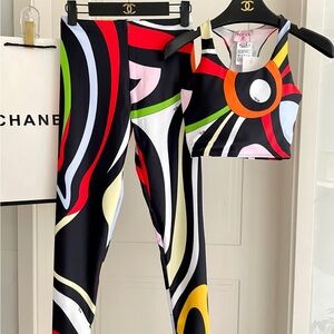 Emilio Pucci Black Multicolor Abstract Swirl Bikini Top & Leggings Set